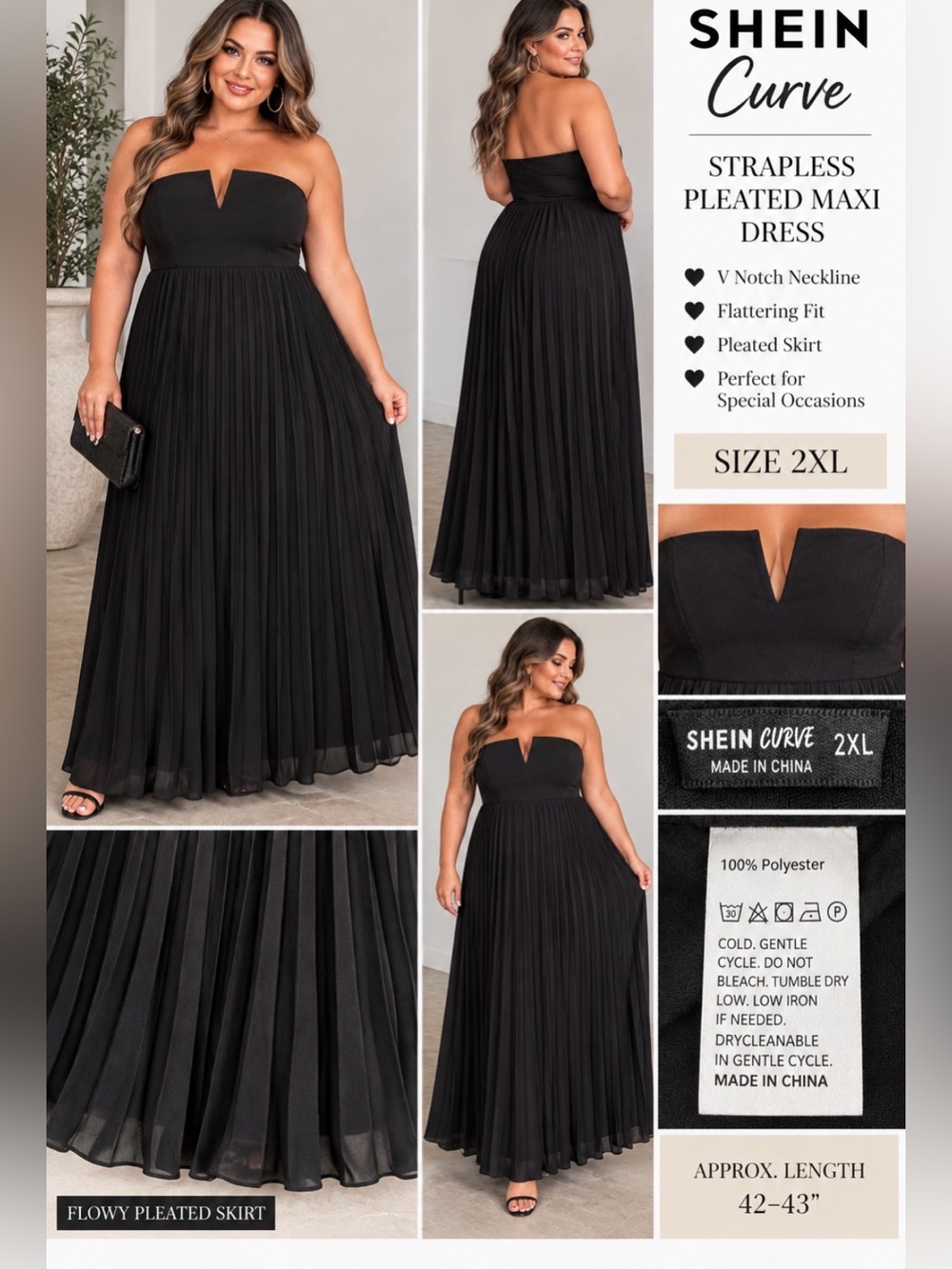 SHEIN Curve 2XL Black Strapless Pleated Maxi Dress V Notch Formal Party